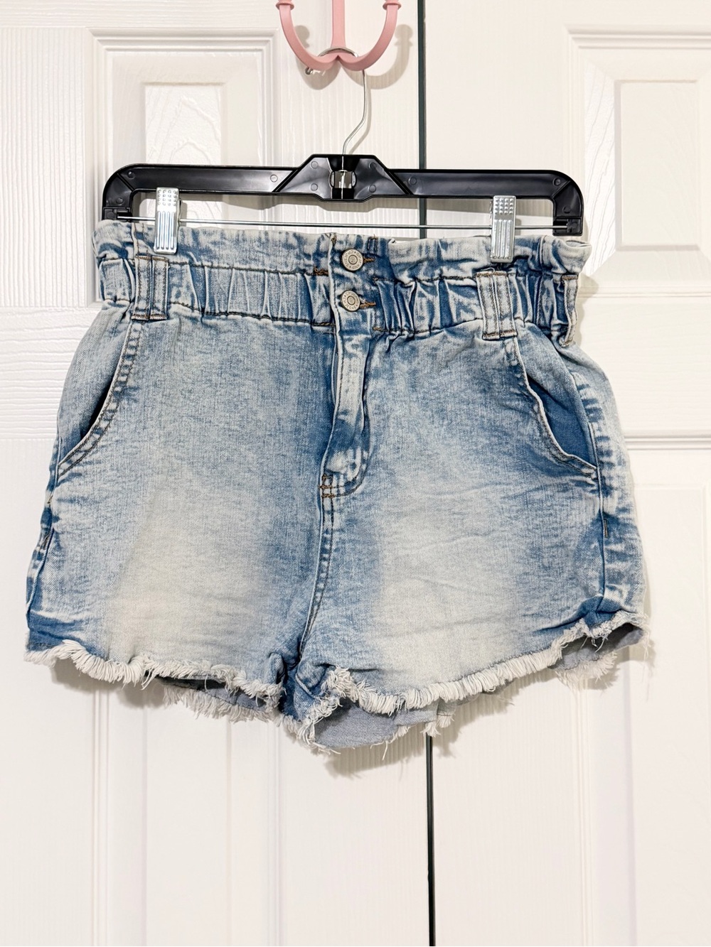 Washed Light Blue High-Rise Paperbag Denim Shorts